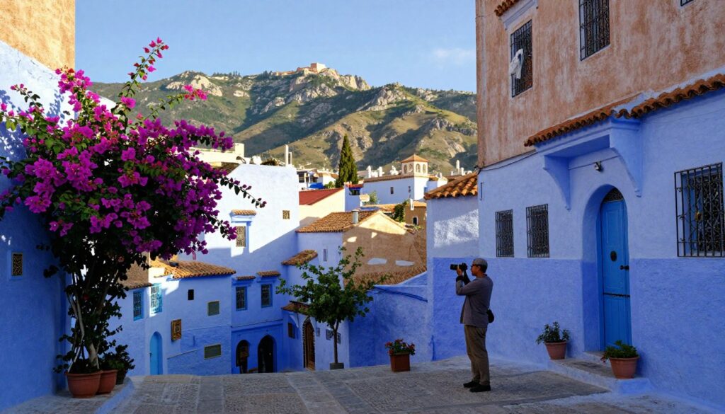 A breathtaking view of Chefchaouen, Morocco, showcasing its iconic blue-painted walls and vibrant streets. In the foreground, a charming narrow alley lined with blooming bougainvillea contrasts against the cobalt blue buildings. The middle ground features a local artist capturing the scene with a camera, wearing modest casual clothing, absorbed in the moment. In the background, the majestic Rif Mountains rise against a clear blue sky, bathed in warm sunlight, casting soft shadows. The scene is captured with a wide-angle lens, emphasizing depth and vibrant colors, creating a serene and artistic atmosphere. The overall mood is tranquil, inviting viewers to experience the picturesque beauty of Chefchaouen and inspire their photography adventures.