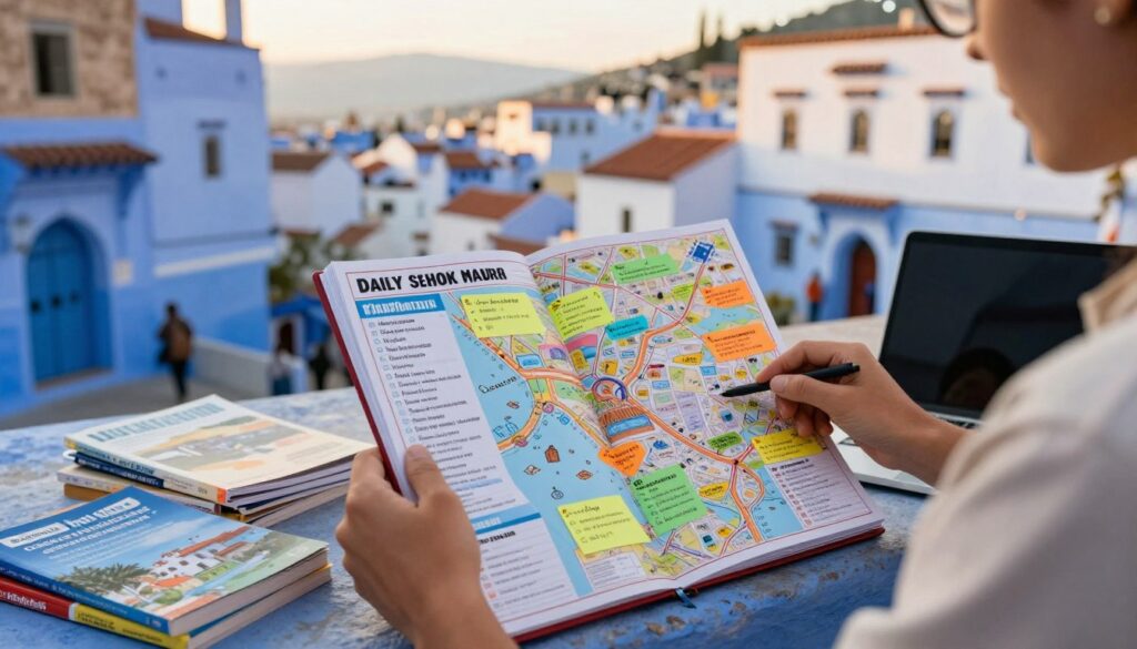 A vibrant scene depicting a travel planner curating a daily sightseeing schedule in Chefchaouen, Morocco. In the foreground, a person in modest casual attire studies a colorful map strewn with notes, surrounded by travel guides and a laptop. The middle section features a beautifully designed planner with a list of local attractions like the blue-washed buildings and the Rif Mountains, radiating an air of excitement and anticipation. The background showcases the iconic blue streets of Chefchaouen under soft, golden-hour lighting, emphasizing the town's enchanting charm. The mood is uplifting and adventurous, with a lens focus that creates a slight depth of field, highlighting the planner while softly blurring the captivating scenery behind.